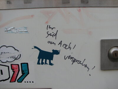 Katze und Text an der Wand